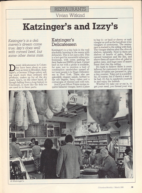 The first page of an article from the March 1986 edition of Columbus Monthly Featuring Katzinger's Deli.