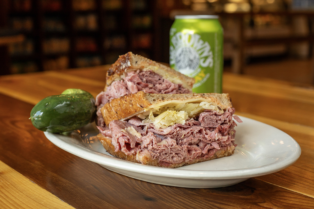 Katzinger's Reuben with pickle and Dr. Brown's soda.