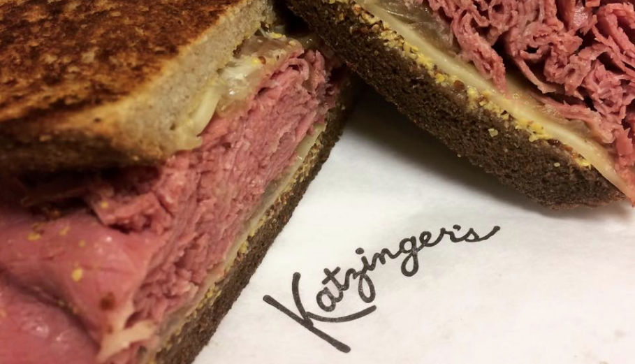 A close up of one of Katzinger's classic reuben sandwiches.